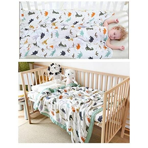 Dinosaur Muslin Blanket Baby Quilt - Silky Soft and Breathable Crib Blanket - Picture 4 of 8